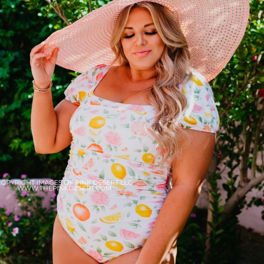 Pink Desert x Sassy Red Lipstick citrus print one peice swimsuit